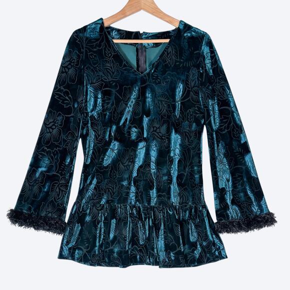 Emerald Green Whimsygoth Velvet Top Womens M Floral Bell Sleeve Faux Fur Trim - Picture 1 of 6